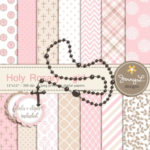Rosary Girl Baptism Digital Papers and Clipart, First Communion, Confirmation, Christening, Dedication, Holy Week Scrapbooking, Rosary