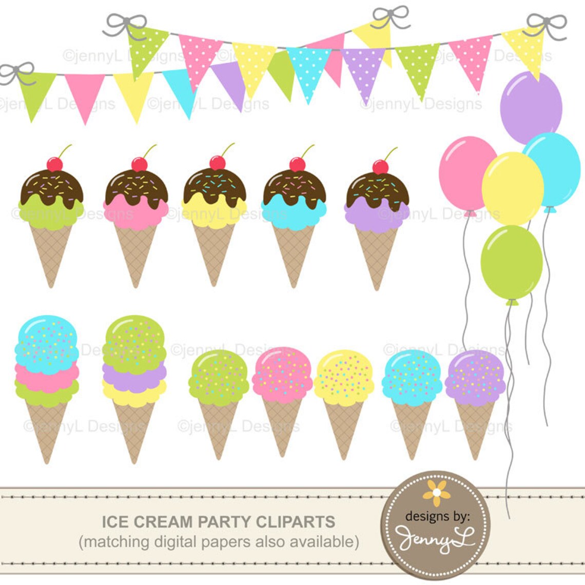 Ice Cream Party Clipart Birthday Balloons Bunting Banner Etsy