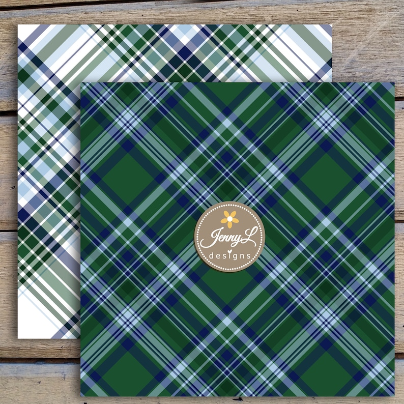 Peut inclure: Deux motifs de tissu &eacute;cossais sans couture en vert, bleu et blanc. Les motifs sont en diagonale. Le motif le plus petit a un fond blanc et le motif le plus grand a un fond vert. Le texte "Jenny L designs" est dans un cercle brun avec une fleur jaune.