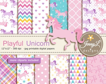 Unicorn Digital Papers and Cliparts, Pegasus, Pony, for Digital Scrapbooking, Birthday Party, Invitations, Planner