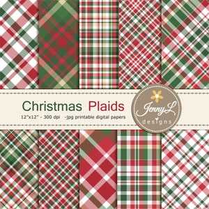 Papeles digitales Christmas Plaids, papeles navideños tradicionales, papel de scrapbooking digital navideño, Navidad roja y verde