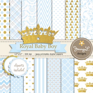 Papeles digitales Gold Crown y imágenes prediseñadas, Royal Prince Boy Baby Shower, anuncio de nacimiento azul de cumpleaños, tema de fiesta de papel de Scrapbooking