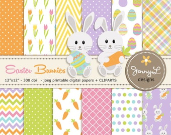 Easter Digital papers, Bunny clipart, HAPPY EASTER, Easter Eggs, Carrot, Rabbit Scrapbooking Paper, Tulip Flower,