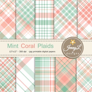 Mint Green and Coral Peach Plaids Digital Papers, Stripes,  Digital Scrapbooking Paper, Surface pattern