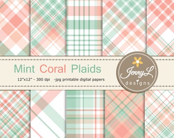 Mint Green and Coral Peach Plaids Digital Papers, Stripes,  Digital Scrapbooking Paper, Surface pattern