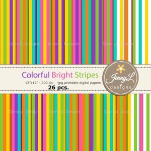 May include: A digital paper pack featuring a colorful striped pattern in vertical lines. The stripes are in various bright colors, including green, pink, purple, yellow, and orange. The text "Colorful Bright Stripes" is displayed, along with the dimensions and the number of pieces.