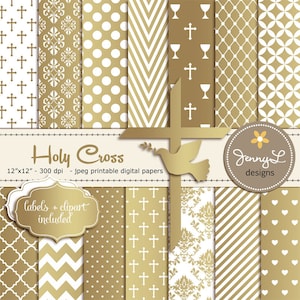 Gold Baptism Digital Papers, First Communion, Religious, Christening, Holy Week Cross and Dove Baptismal Clipart, Dedication, Planner