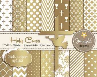 Gold Baptism Digital Papers, First Communion, Religious, Christening, Holy Week Cross and Dove Baptismal Clipart, Dedication, Planner
