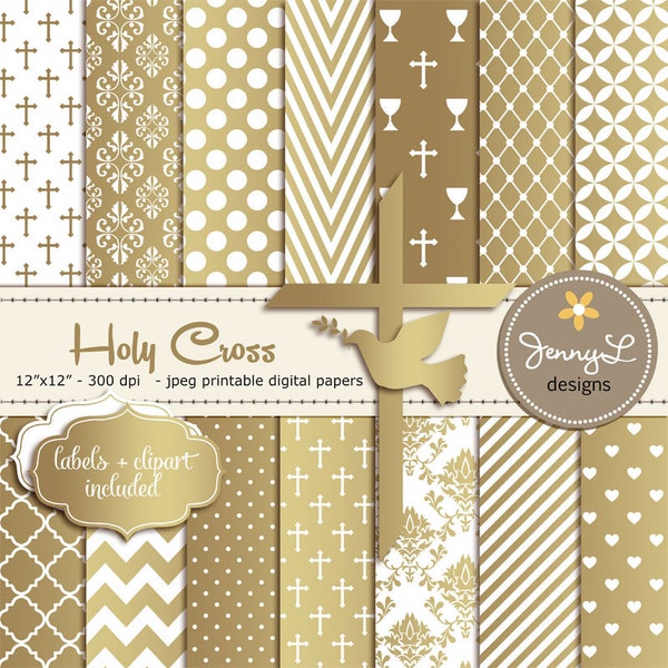 Gold Baptism Digital Papers, First Communion, Religious, Christening, Holy Week Cross and Dove Baptismal Clipart, Dedication, Planner