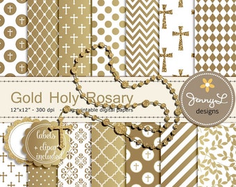 Gold Rosary Baptism Digital Papers and Clipart, First Communion, Confirmation, Christening, Dedication, Holy Week Scrapbooking, Glitter