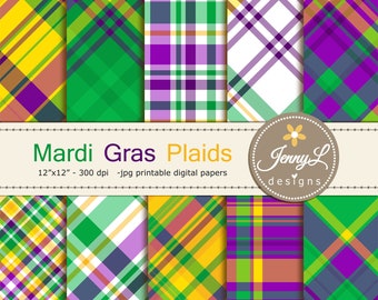 Mardi Gras Plaids Digital Papers, Masquerade Digital Scrapbooking Paper, Gold, Green, Violet Purple Plaids