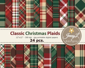 Puede incluir: Una colección de 24 papeles digitales con diseños clásicos de cuadros navideños en rojo, verde y beige. Cada papel mide 30,48 cm x 30,48 cm y tiene 300 ppp. El texto "Classic Christmas Plaids" se muestra encima de los papeles.