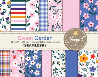 Floral SEAMLESS Spring Printable Digital Papers, Repeat Pattern Blooms Summer Digital Scrapbooking Paper, backgrounds for Invitations,