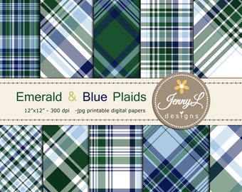 Emerald Green and Blue PLAIDS , Guy, Men, Masculine, dad, Father Digital Papers for  Digital Scrapbooking, Card making, birthday