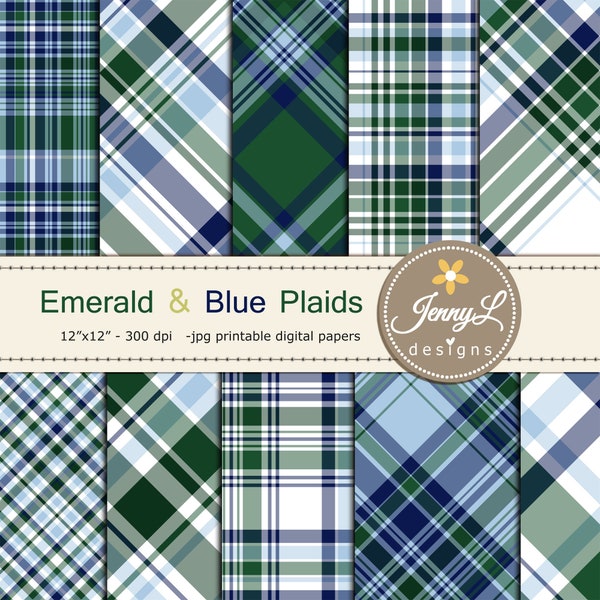 Emerald Green and Blue PLAIDS , Guy, Men, Masculine, dad, Father Digital Papers for  Digital Scrapbooking, Card making, birthday