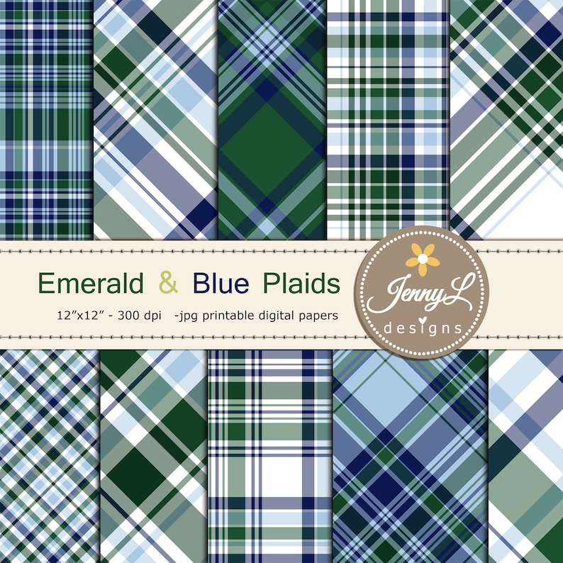 Peut inclure: Ensemble de 12 papiers num&eacute;riques avec des motifs &eacute;cossais vert &eacute;meraude et bleu. Chaque papier mesure 30,5 cm sur 30,5 cm et 300 dpi.  "Emerald & Blue Plaids" et "Jenny L designs" sont imprim&eacute;s sur les papiers.
