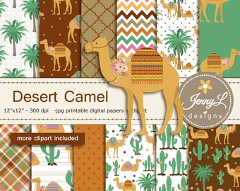 Desert Camel Cactus Digital Paper and Clipart, for Birthday, Wedding and Scrapbooking Paper Party Theme,