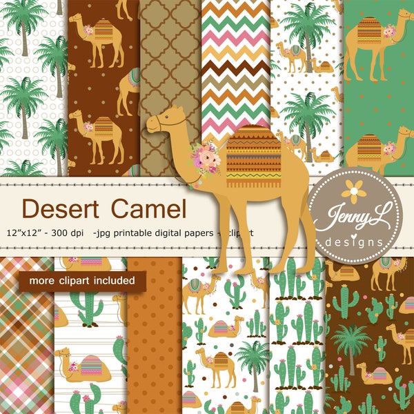 Desert Camel Cactus Digital Paper and Clipart, for Birthday, Wedding and Scrapbooking Paper Party Theme,