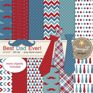Papéis digitais de gravata e bigode, papéis digitais e clipart do dia dos pais, homenzinho pai, pai vermelho e azul, papai scrapbooking