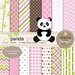 Papéis e clipart digitais da menina panda, urso panda, scrapbooking digital de bambu com coração costurado, convites, tema de festa de chá de bebê de aniversário