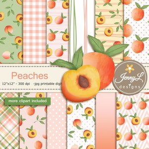 Conjunto de papeles digitales sin costuras y clipart de duraznos de verano para scrapbooking digital, planificadores, pegatinas y fondos.