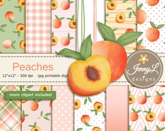 Conjunto de papeles digitales sin costuras y clipart de duraznos de verano para scrapbooking digital, planificadores, pegatinas y fondos.