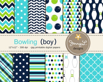 Bowling Boy papel digital para cumpleaños, bautizo, boda, scrapbooking digital, invitaciones, fiesta de bolos