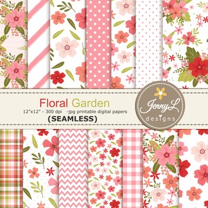 May include: A set of 12 digital papers featuring floral patterns in pink, red, and green. The papers are 30.5 cm by 30.5 cm and 300 dpi. The text "Floral Garden" and "Jenny L designs" is included in the image.