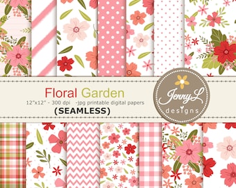 Floral Garden Primavera Verano SEAMLESS Papeles digitales imprimibles, Patrón de repetición, Papel de scrapbooking digital, fondos para invitaciones,