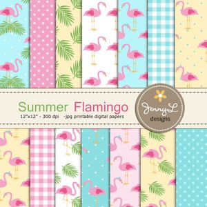 Papiers numériques Summer Flamingo, Pink Flamingo Party pour le scrapbooking numérique, invitations, anniversaire, mariage,