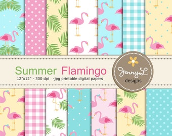 Papeles digitales Summer Flamingo, Pink Flamingo Party para scrapbooking digital, invitaciones, cumpleaños, boda,