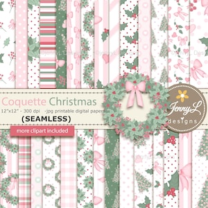May include: A collection of digital papers featuring seamless Christmas patterns in shades of pink, white, and sage green. Designs include wreaths, bows, holly, pine trees, and polka dots. Text reads Coquette Christmas 12x12 - 300 dpi -jpg.