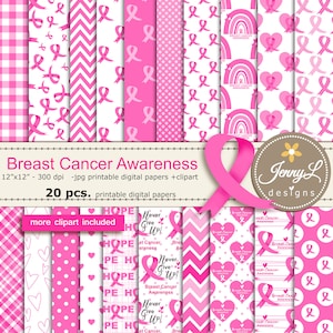 Brustkrebs Bewusstsein Digitale Papiere, Pink Ribbon Clipart für Digitales Scrapbooking, Poster, Einladungen, Aufkleber
