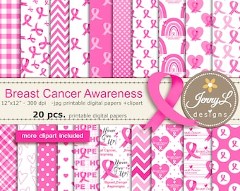 Documentos digitales de concientización sobre el cáncer de mama, imágenes prediseñadas de lazo rosa para scrapbooking digital, carteles, invitaciones y pegatinas.