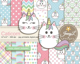 Caticorn Digital Papers, Cat Clipart, Unicorn Cat, KittyCorn, Catacorn Digital Papers for digital scrapbooking birthday, stickers, planners