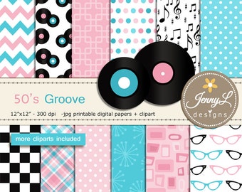 50's Retro Diner, Rock and Roll Digital Papers, LP Records, Guitar, Milkshake, eyeglasses, Musical Notes Cliparts  for Digital Scrapbooking