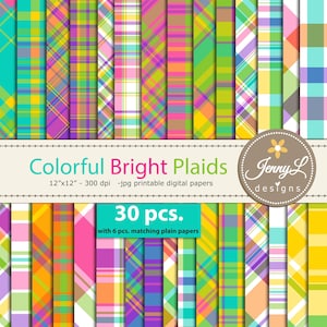 Puede incluir: Una colección de papeles digitales a cuadros de colores brillantes, incluyendo verde, amarillo, rosa y morado. La imagen incluye el texto "Colorful Bright Plaids" y "30 pcs."