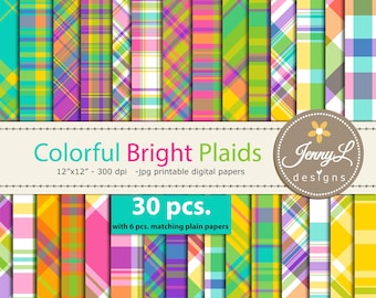 Colorful Bright Plaids Digital Papers for Digital Scrapbooking Paper, Neon Surface pattern, background paper