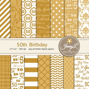 50e verjaardag digitale papieren, goud, gouden damast voor digitale scrapbooking, uitnodigingen, taarttopper