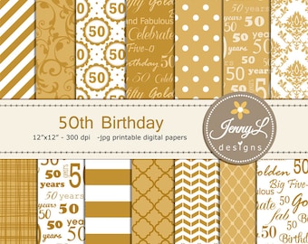 Papeles digitales para 50 cumpleaños, dorados, damasco dorado para scrapbooking digital, invitaciones, adornos para tartas