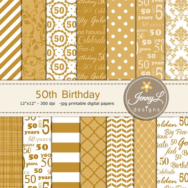50th Birthday Digital Papers, Gold, Golden Damask for Digital scrapbooking, Invitations, Cake Topper