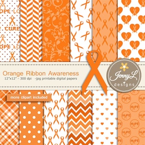 Orange Ribbon Cancer Awareness Digital Papers and Clipart, Lupus, Leukemia, Appendix Cancer, Kidney, Hunger