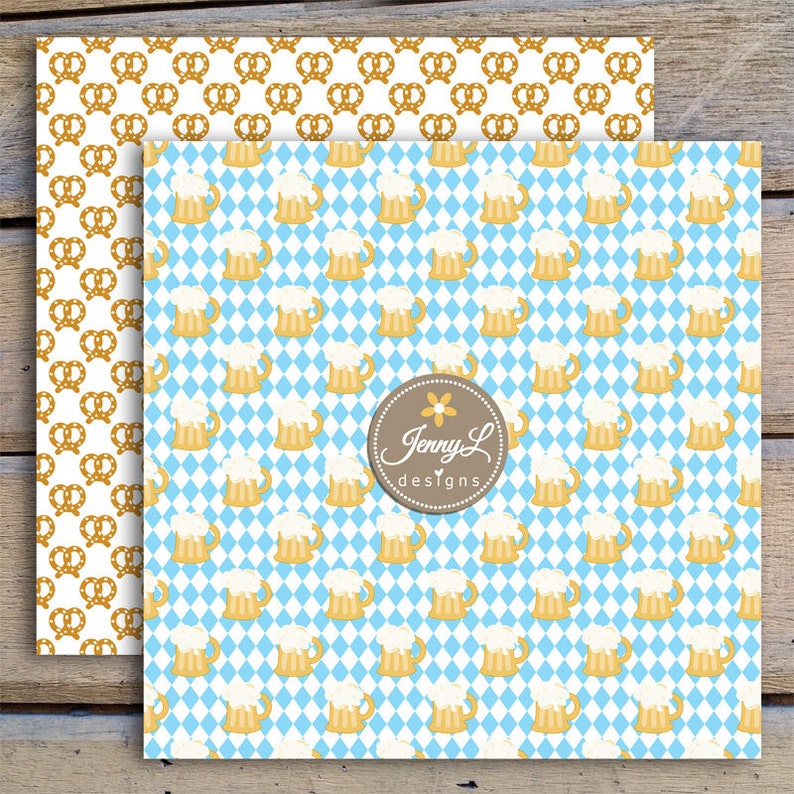 Puede incluir: Dos patrones de papel digital, uno con fondo blanco y pretzels dorados, el otro con fondo a cuadros azul y blanco y jarras de cerveza amarillas.