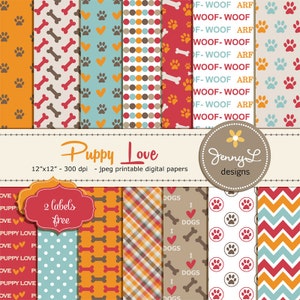 Dog Digital papers, Pet Digital Paper, Paws Scrapbooking Papers, Dog Bones, I Love Dogs, Animal Digital Papers, Puppy Love
