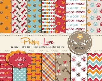 Dog Digital papers, Pet Digital Paper, Paws Scrapbooking Papers, Dog Bones, I Love Dogs, Animal Digital Papers, Puppy Love