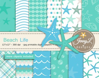 Beach digital papers and Star fish clipart SET, Ocean, water wave for Digital Scrapbooking, wedding, birthday invitations Planner