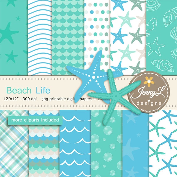 Beach digital papers and Star fish clipart SET, Ocean, water wave for Digital Scrapbooking, wedding, birthday invitations Planner