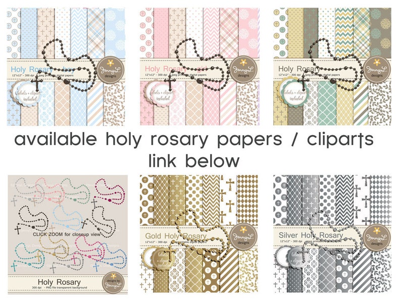 Rosary Boy Baptism Digital Papers and Clipart, First Communion, Confirmation, Christening, Dedication, Holy Week Scrapbooking Paper, Cross image 5