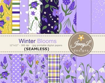 Winter Floral SEAMLESS Printable Digital Papers, Pansies, Snowdrop , Hyacinth Flower Blossoms , Repeat pattern for Scrapbooking, Invitations