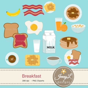 Breakfast Digital papers and Clipart SET, American Food, Coffee, Waffle, Milk, Bacon, Egg for Birthday, Digital Scrapbooking, Planner image 2